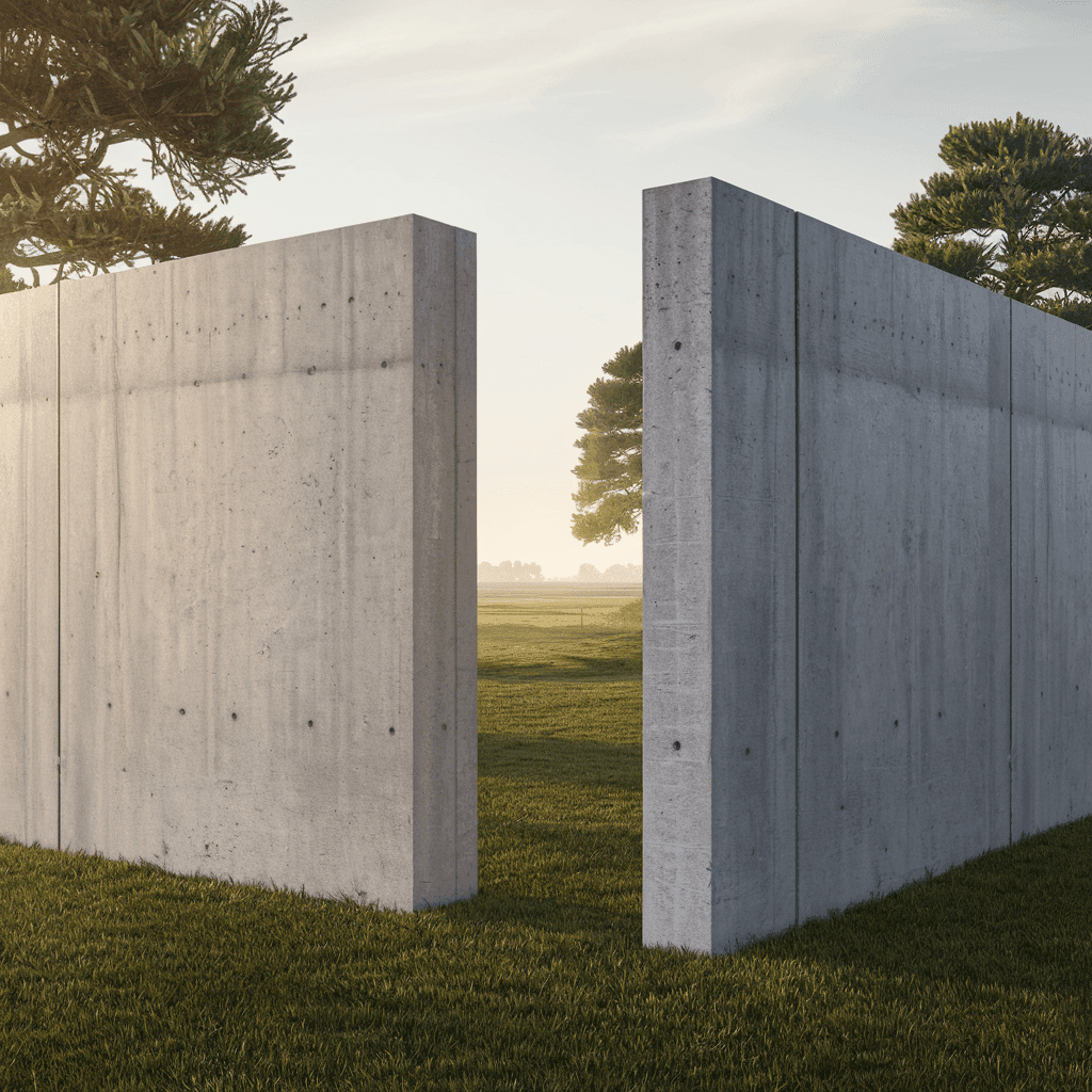 Open concrete wall in a field, allowing view of trees and horizon under a clear sky.